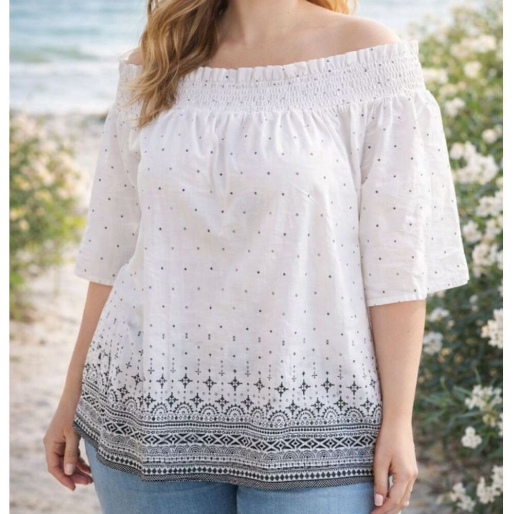 Lane Bryant Boho Peasant Top 14/16 Cotton Cottagecore Off Shoulder